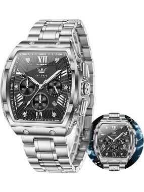 Men's Silver Black Chronograph Rectangle Stainless Steel Luminous Classic Watch